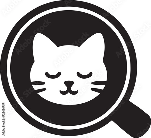 Silhouette vector of cat face inside latte foam, cute coffee art feline design.