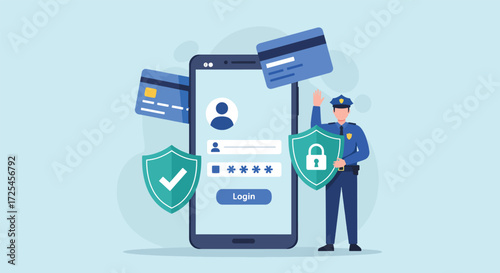Mobile banking security with police officer and credit cards.