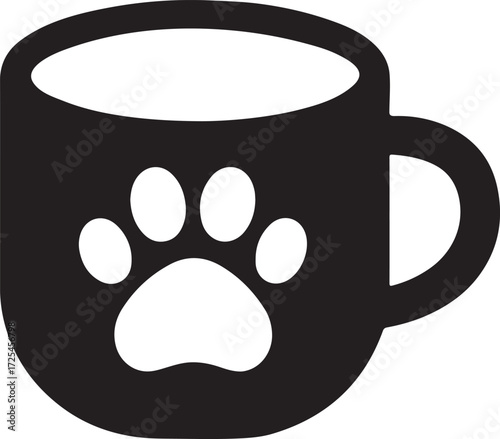 Silhouette vector of cat paw inside coffee cup icon, cute cozy feline beverage design.