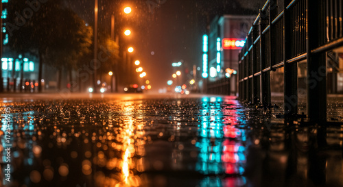Night traffic lights in city reflecting on rainy floor, Generative ai