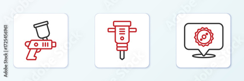 Set line Circular saw blade, Paint spray gun and Construction jackhammer icon. Vector