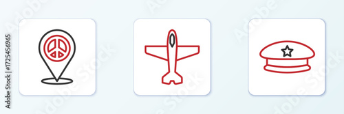 Set line Military beret, Location peace and Plane icon. Vector