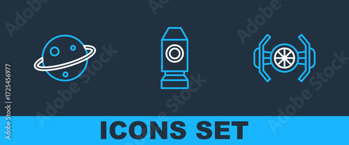 Set line Cosmic ship, Planet Saturn and Rocket icon. Vector
