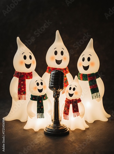 Five glowing, friendly ghost figurines with scarves sing into a vintage microphone against a dark background — festive, charming, and perfect for Halloween or holiday-themed decor.