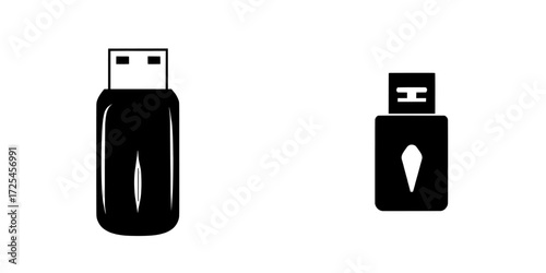 The USB Flash Drive Icon is a modern black and white symbol that represents a USB flash drive, highlighting its distinctive shape and connectors, and symbolizing data storage and portability