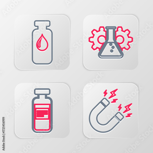 Set line Magnet with lightning, Medical vial, ampoule, Bioengineering and icon. Vector