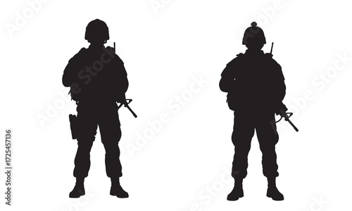 Silhouette of Armed Soldiers Standing in Line Military Vector