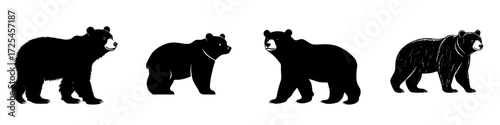 A strong and powerful black silhouette of a grizzly bear standing majestically is presented in Grizzly Silhouette, suitable for logos, illustrations, or designs