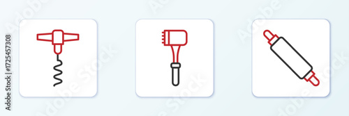 Set line Rolling pin, Wine corkscrew and Kitchen hammer icon. Vector