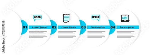 Set line Foreign language online study, Hello different languages, Notebook and Alphabet icon. Vector