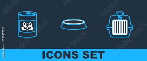 Set line Pet carry case, Canned food for cat and bowl icon. Vector