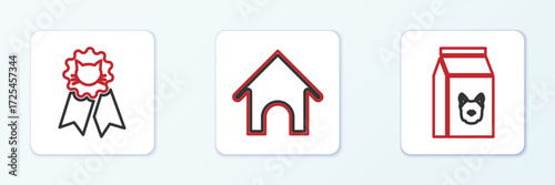 Set line Bag of food for dog, Cat award symbol and Dog house icon. Vector