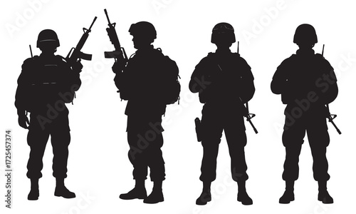 Silhouette of Armed Soldiers Standing in Line Military Vector