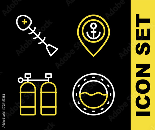 Set line Location with anchor, Ship porthole, Aqualung and Dead fish icon. Vector