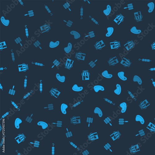 Set Barbecue steel grid, Steak meat, shopping building and Grilled shish kebab on seamless pattern. Vector