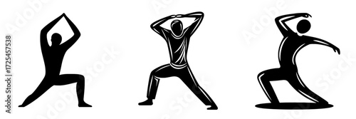 Icon of a dancing person, characterized by energy and joy, in a minimalist style with a black and white color scheme