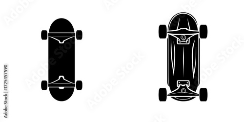A classic skateboard with a bold and graphic silhouette is depicted, featuring four wheels and a traditional deck design that conveys a feeling of energy, movement, and youthful vitality