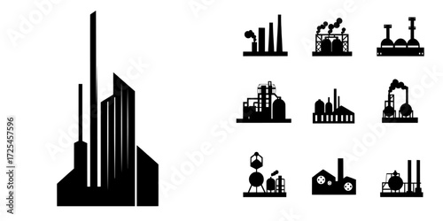 Factory Icon: A basic, monochrome outline of a factory structure featuring a high smokestack releasing smoke, ideal for representing industrial ideas, production, or manufacturing