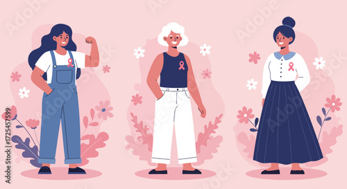 Three diverse women standing confidently amidst floral elements celebrating femininity and strength.