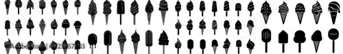A set of ice cream silhouette clipart featuring various elements such as cones, cups, popsicle sticks, and glasses in a modern illustration style of sweet desserts in a simple outline