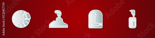 Set Car brake disk with caliper, Gear shifter, and icon. Vector