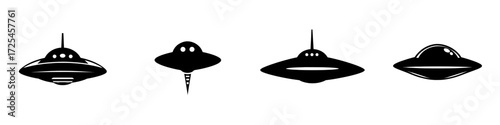 A classic illustration of a UFO is depicted as a sleek, disc-shaped spacecraft hovering against a plain background, ideal for science fiction, mystery, and conspiracy themes, and is referred to as an