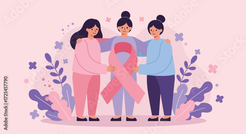 Three women holding a pink ribbon symbolizing breast cancer awareness and support 2.
