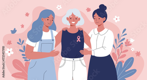 Three women united in support one wearing a pink ribbon for breast cancer awareness.