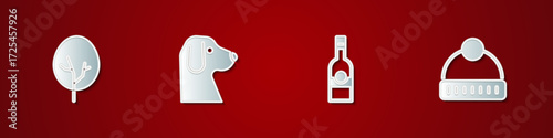 Set Tree, Dog, Bottle of vodka and Winter hat icon. Vector