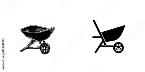 Rendered in a minimalist style, the classic wheelbarrow silhouette showcases its functional form and sturdy construction, resulting in a modern graphic well-suited for landscaping purposes