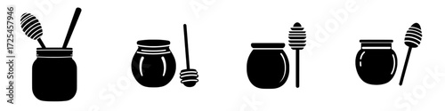 A minimalist black and white modern illustration of a honey jar with a dipper is perfect for use in app interfaces, branding, and other design projects