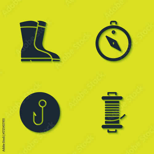 Set Fishing boots, Spinning reel for fishing, hook and Compass icon. Vector