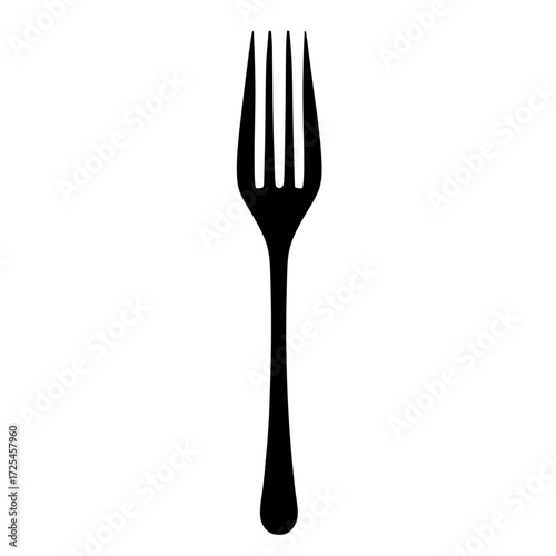 A simple, clean black silhouette of a fork isolated on a transparent background defines the Fork Silhouette Icon, which is perfect for use in food-related designs and as a menu icon