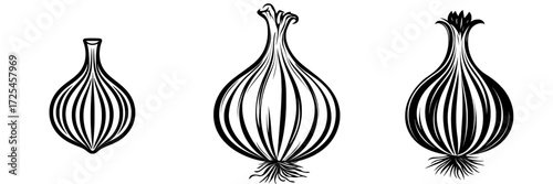 Bold Onion Icon: A striking black and white illustration of an onion, rendered in a bold, graphic style, perfect for culinary or agricultural themes