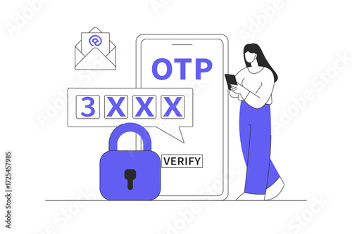One time password OTP verification methods concept, code for protection against cyber crime. Flat Cartoon Vector Illustration, icon Stylish abstract design landing page web