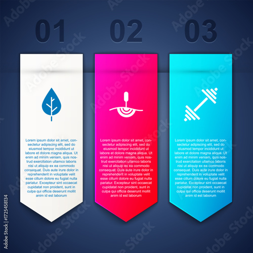 Set Leaf, Acupuncture therapy and Dumbbell. Business infographic template. Vector
