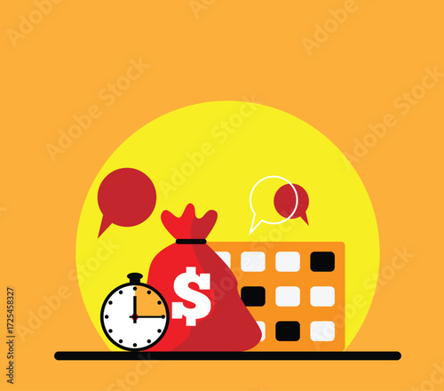 Quick Money Idea with Dollar Bag Timer and Calendar Colorful. Investment and trading concept, monetary transactions business vector art