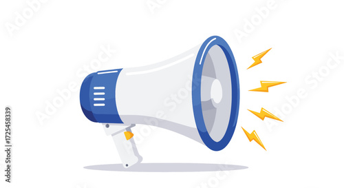 White and blue megaphone with yellow lightning bolt sound waves.