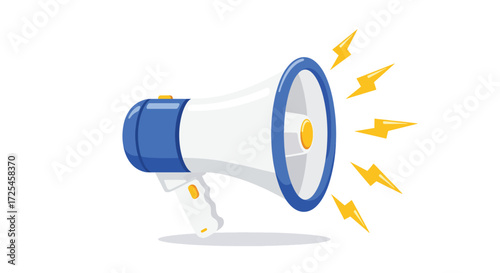 White and blue megaphone with yellow sound waves emanating.