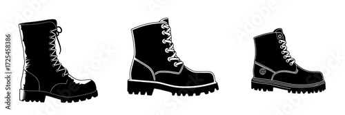 The icon of a black and white combat boot features a bold, minimalist silhouette, complete with lace-up details and a rugged sole, ideal for symbolizing style