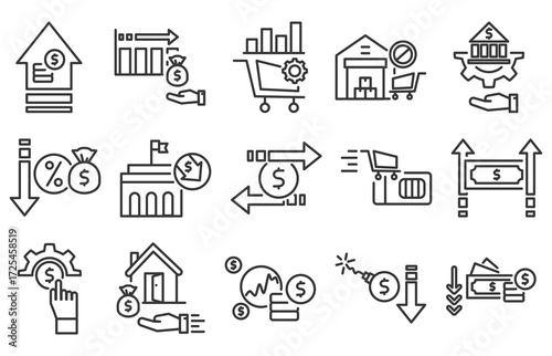 icon pack of inflation in creative outline vector style for finance economic growth money supply fiscal deficit price increase currency weakness and debt crisis illustration
