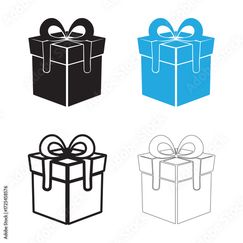 Ribbon gift box Vector art of four different styles of gift boxes with bows and ribbons, including black silhouette, blue outline, black outline, and white outline