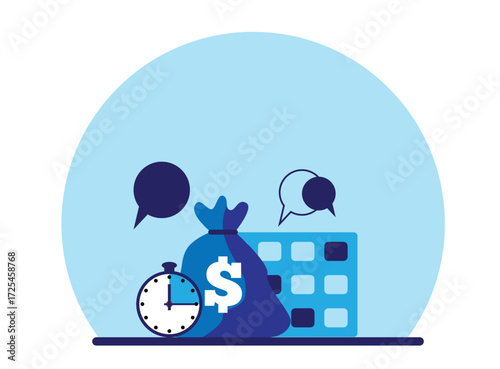 Quick Money Idea with Dollar Bag Timer and Calendar. Investment and trading concept, monetary transactions business vector art