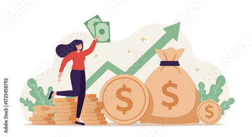 Woman celebrating financial growth with money bags coins and rising graph.
