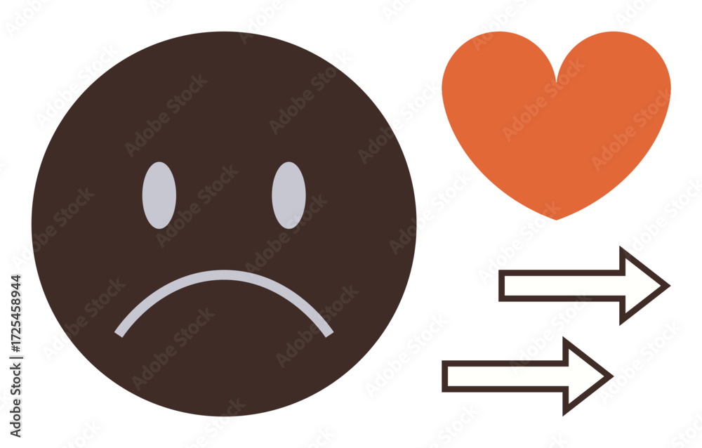 Obraz premium Sad face with frown next to orange heart and two arrows, symbolizing transition, progress, emotional growth, positivity, healing, personal development, well-being. Ideal for mental health self-care