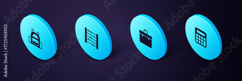 Set Isometric Calculator, Briefcase, Abacus and School backpack icon. Vector