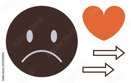 Sad face with frown next to orange heart and two arrows, symbolizing transition, progress, emotional growth, positivity, healing, personal development, well-being. Ideal for mental health self-care