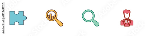 Set Piece of puzzle, Magnifying glass and analysis, and Scientist test tube icon. Vector