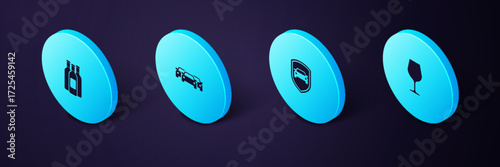 Set Isometric Wine glass, Car protection or insurance, Cars and Bottles of wine icon. Vector