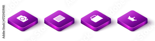 Set Isometric Photo camera, Notebook, Coffee cup and Crown icon. Vector